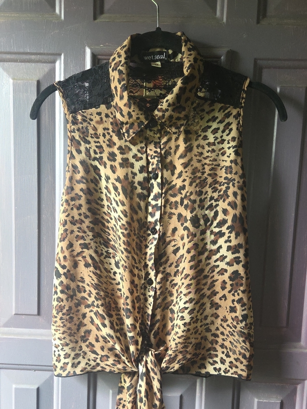 Y2k Mesh And Lace Wetseal Button Up Tye Front Top Womens Size Medium Leopard Prt